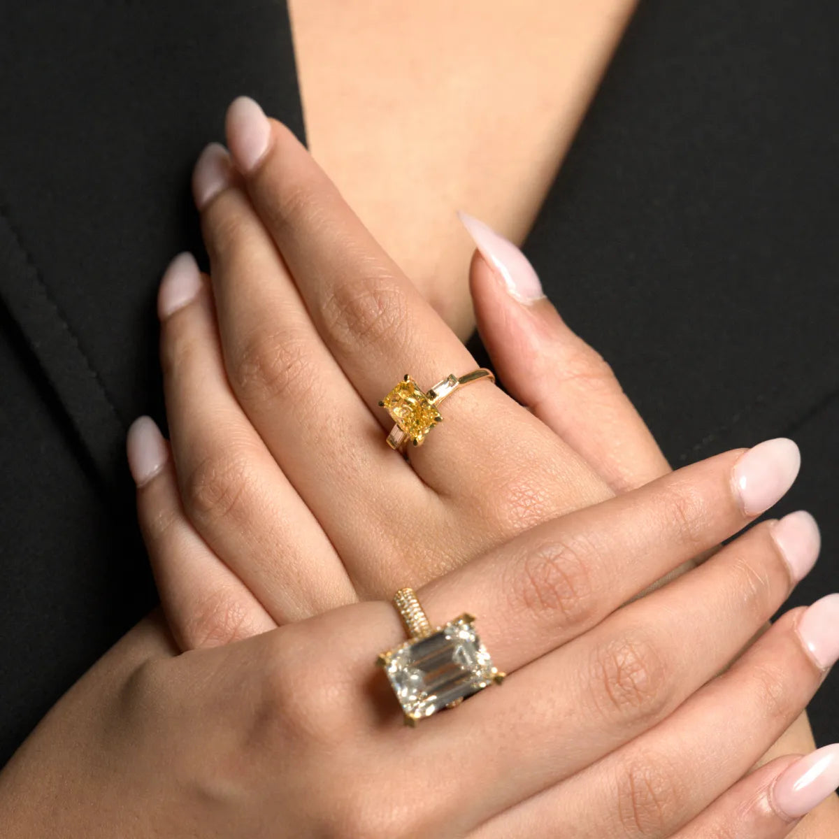 Yellow Radiant Solitaire Engagement Ring With Tapered Baguette | Earthly Jewels