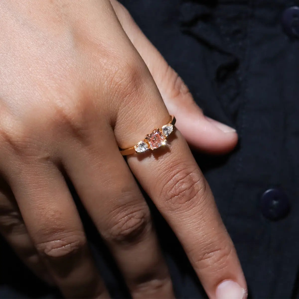 Pink Cushion Diamond With Side Pear Ring