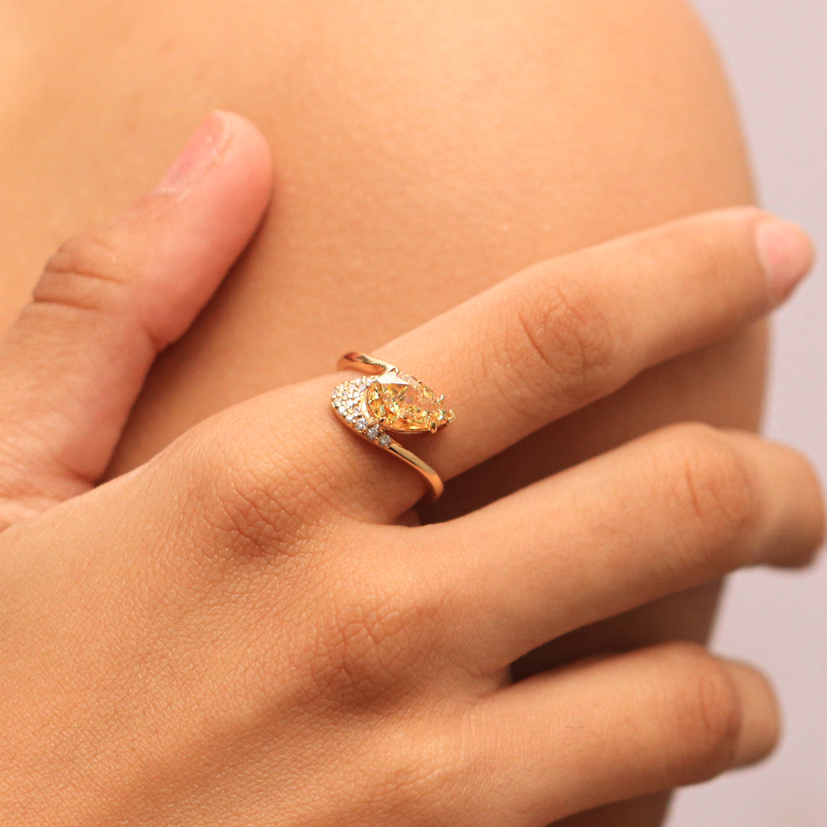 Yellow Pear Shaped Engagement Ring Wave Band | Earthly Jewels