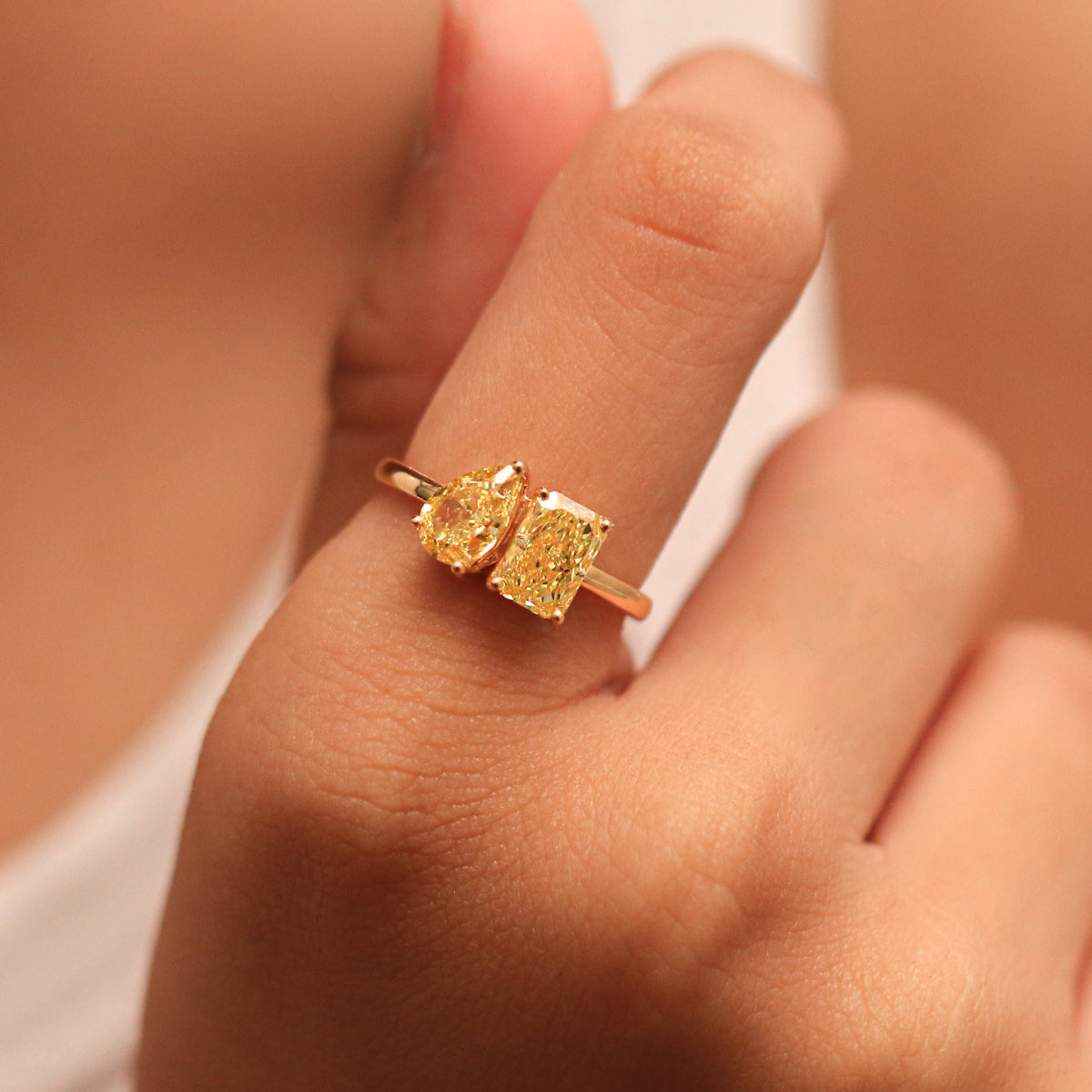 Pear And Radiant Toi Et Moi Yellow Diamond Ring | Earthly Jewels