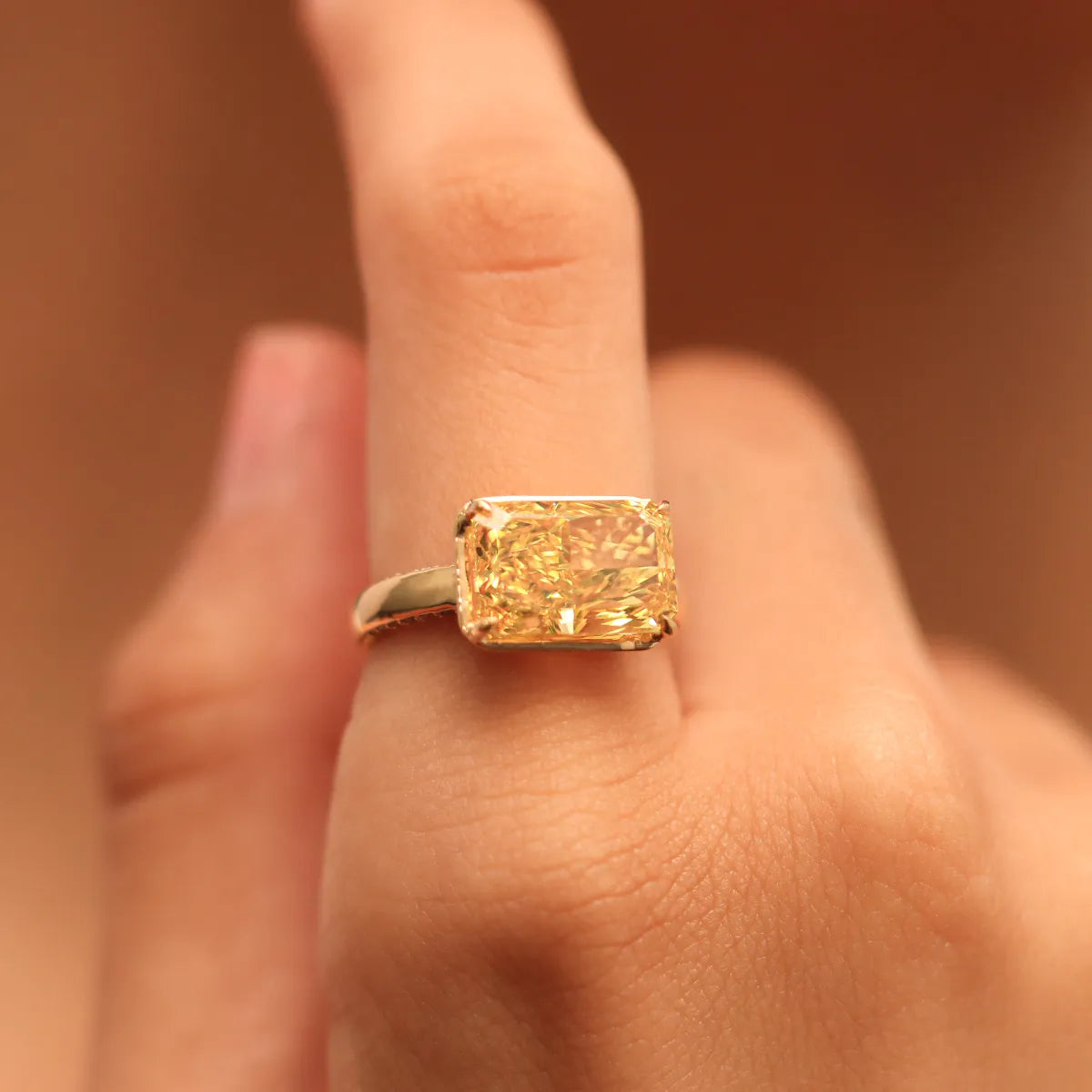 East West Radiant Yellow Diamond Solitaire Ring | Earthly Jewels