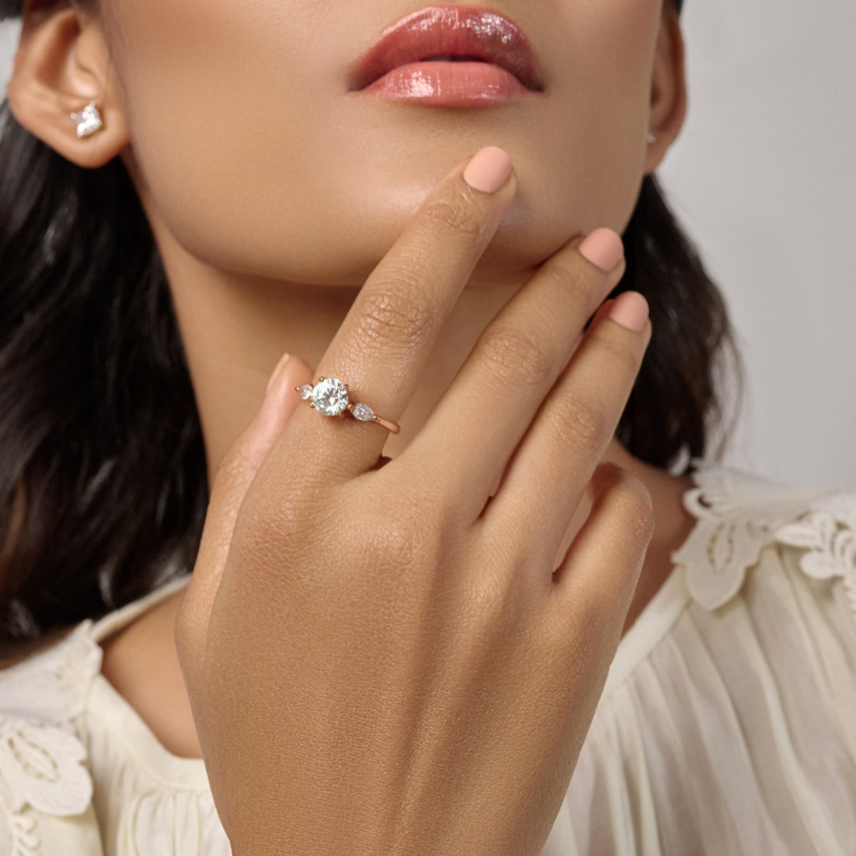 Round Floral Solitaire Ring With Side Marquise Stone | Earthly Jewels