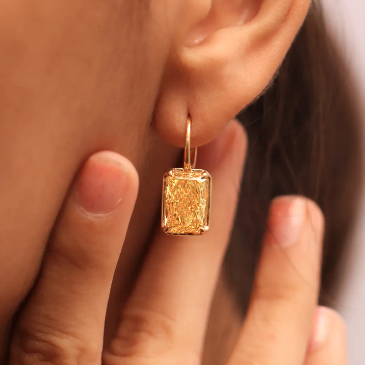 Radiant Cut Yellow Diamond Solitaire Leverback Earrings | Earthly Jewels