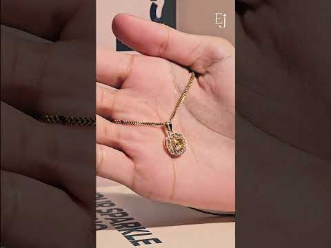 Load video: Yellow Cushion Diamond Pendant With Halo | Earthly Jewels