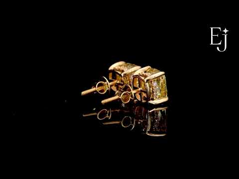 Load video: Cushion Cut Yellow Diamond Studs | Earthly Jewels