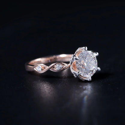 Round Solitaire Floral Pave Prongs Ring With Twisted Shank