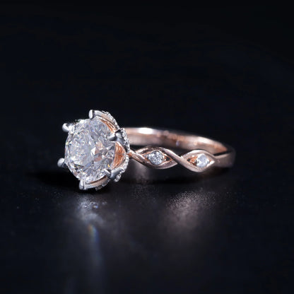 Round Solitaire Floral Pave Prongs Ring With Twisted Shank