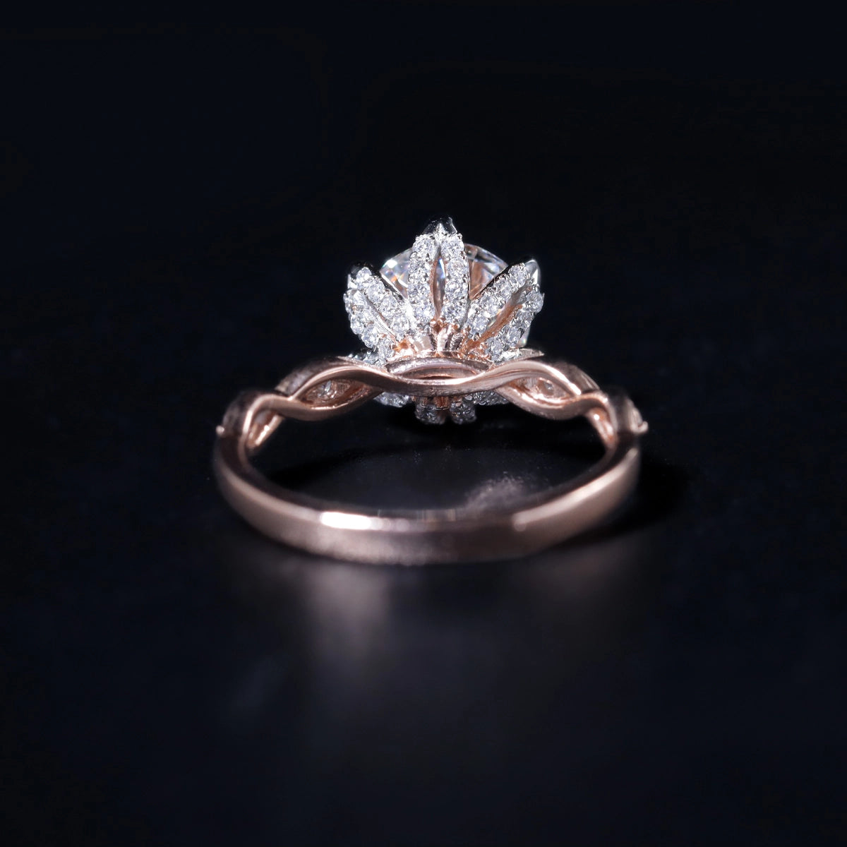 Round Solitaire Floral Pave Prongs Ring With Twisted Shank