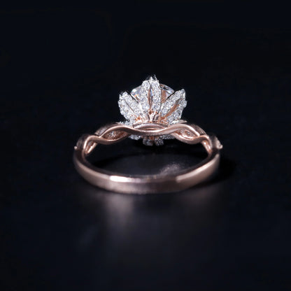 Round Solitaire Floral Pave Prongs Ring With Twisted Shank