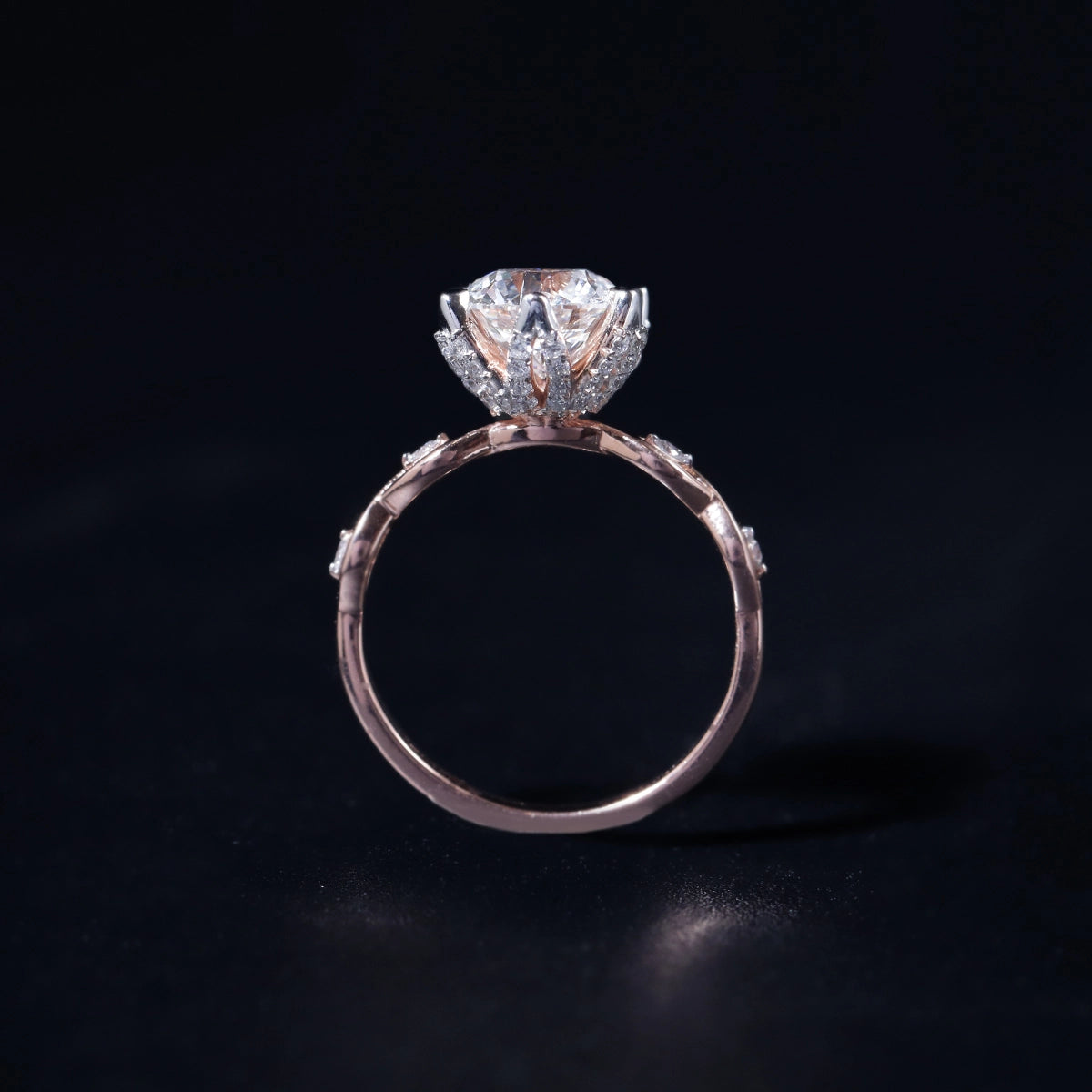 Round Solitaire Floral Pave Prongs Ring With Twisted Shank