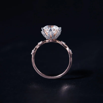 Round Solitaire Floral Pave Prongs Ring With Twisted Shank