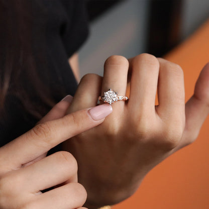 Round Solitaire Floral Pave Prongs Ring With Twisted Shank