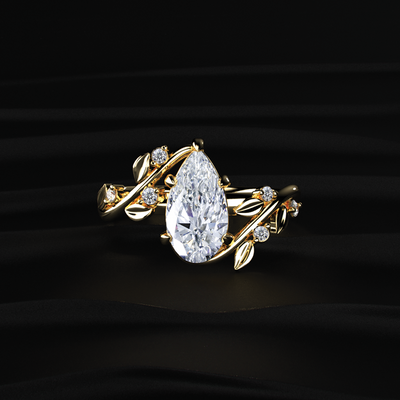 Pear Cut Diamond Ring with Leaf Design