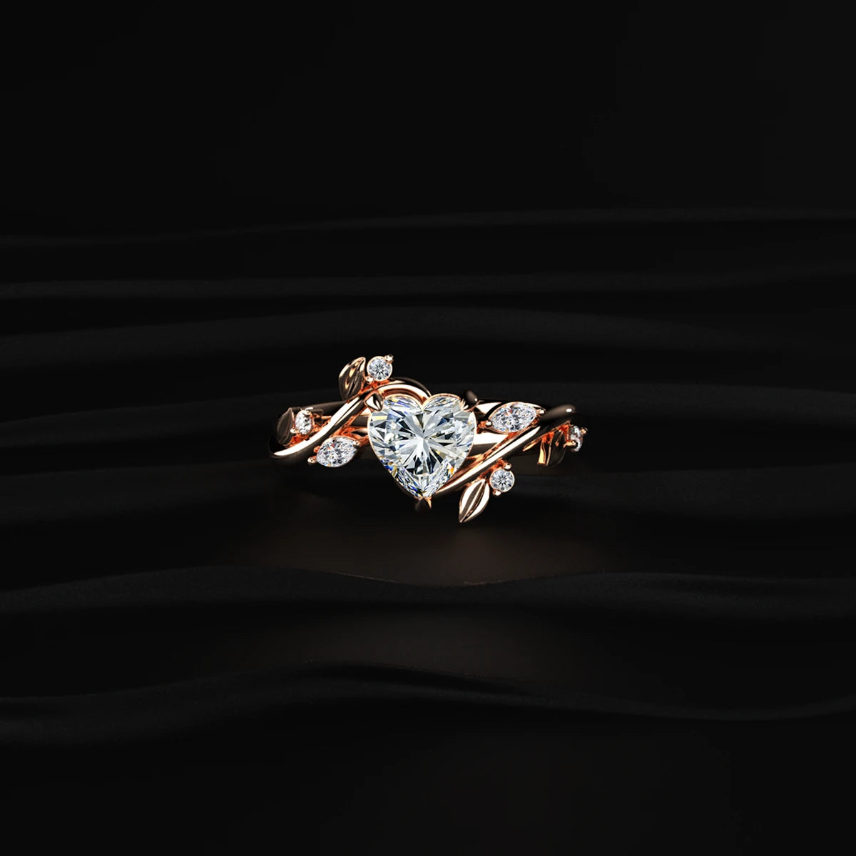 Heart Diamond Ring with Leaf Design