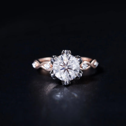 Round Solitaire Floral Pave Prongs Ring With Twisted Shank