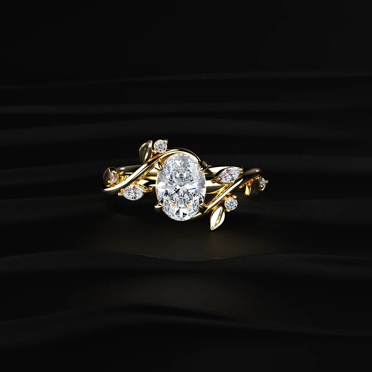 Oval Diamond Ring with Leaf Design