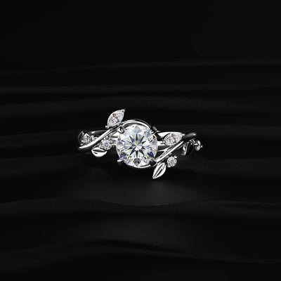 Round Cut Diamond Ring with Leaf Design