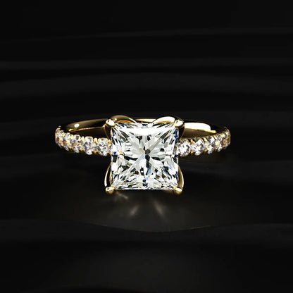 Princess Cut Solitaire Floral Ring With Pave Band | Earthly Jewels