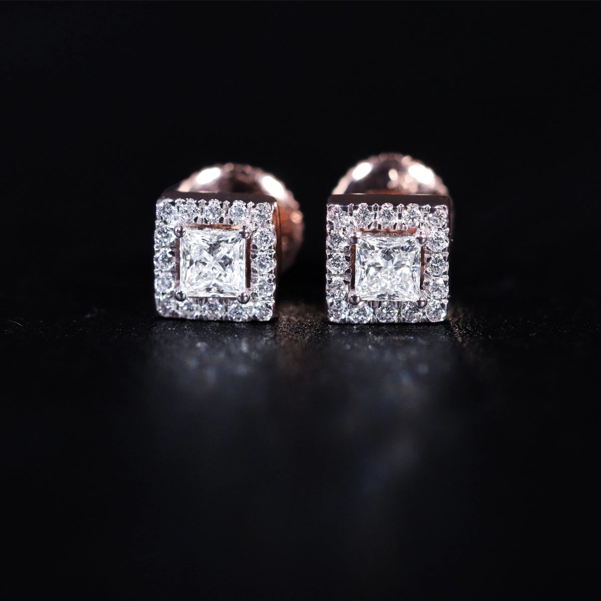 Princess Cut Halo Diamond Earrings | Earthly Jewels