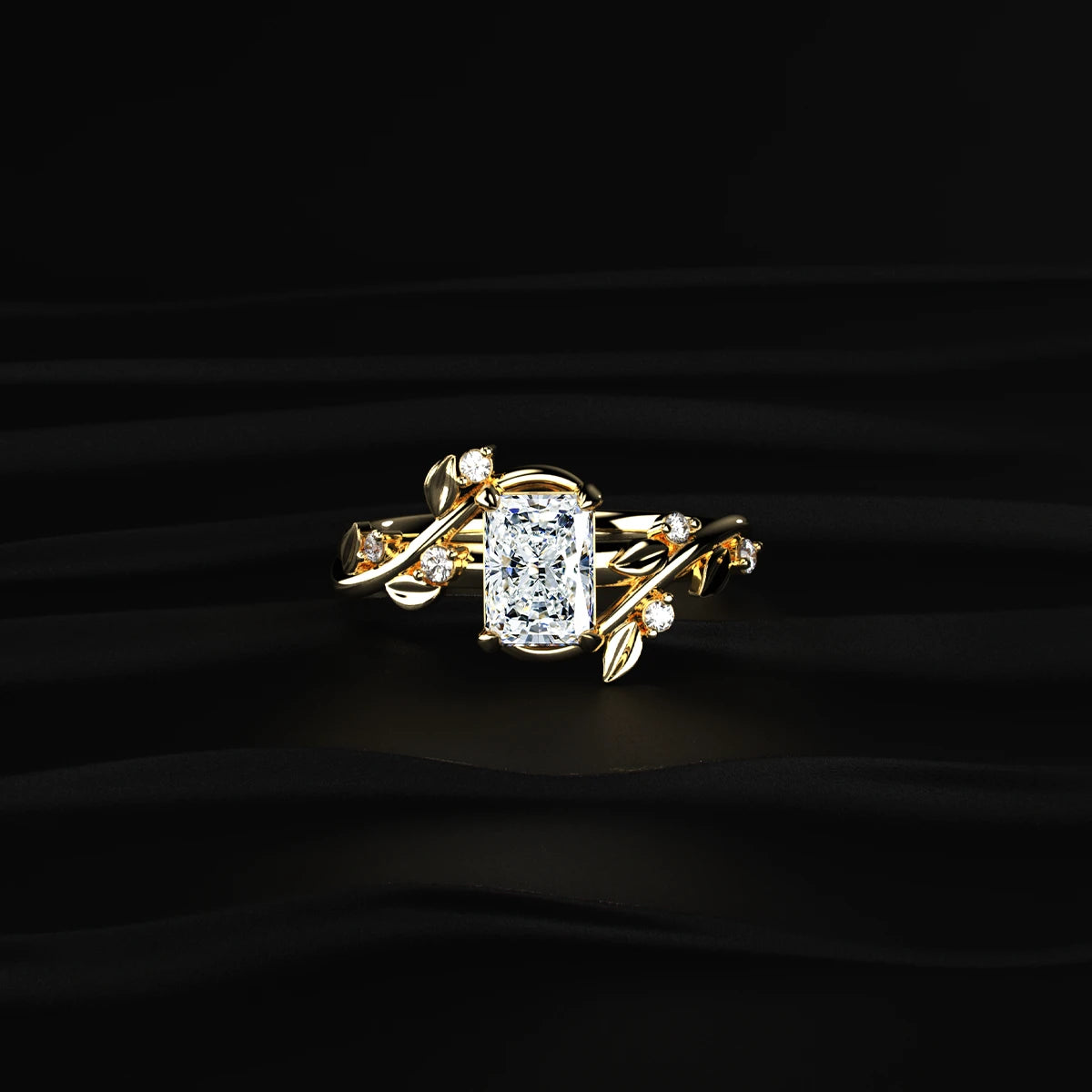 Radiant Cut Diamond Ring with Leaf Design