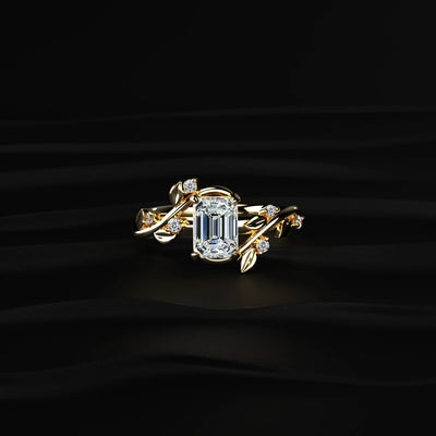 Emerald Diamond Ring with Leaf Design