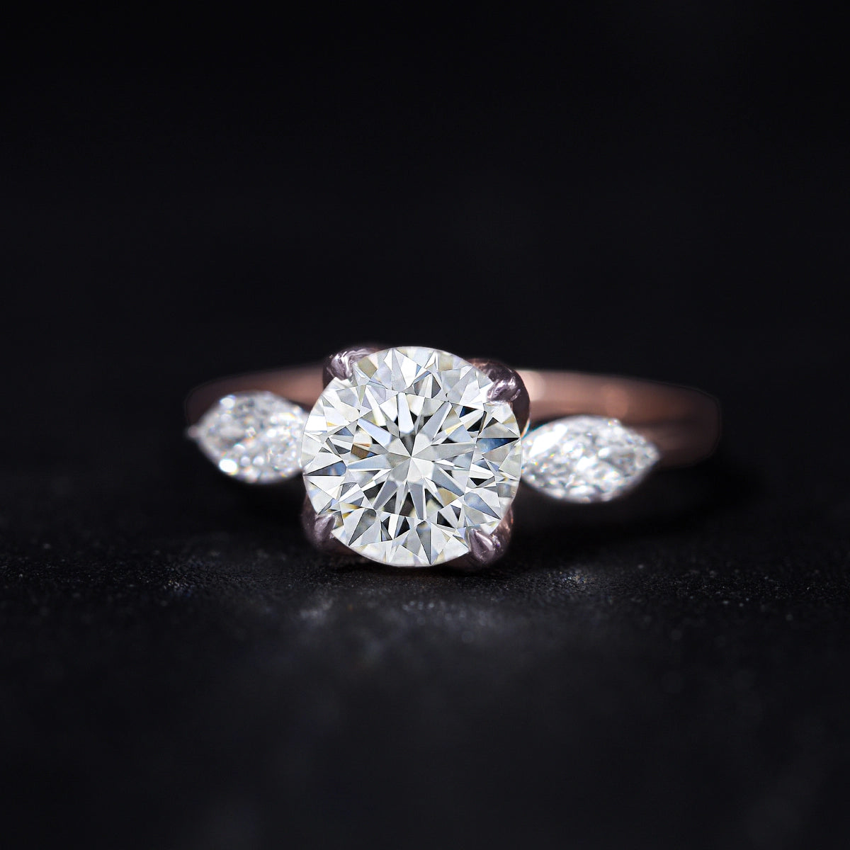 Round Floral Solitaire Ring With Side Marquise Stone | Earthly Jewels