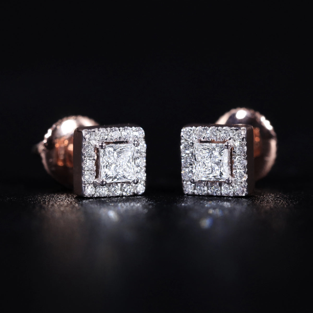 Princess Cut Halo Diamond Earrings | Earthly Jewels