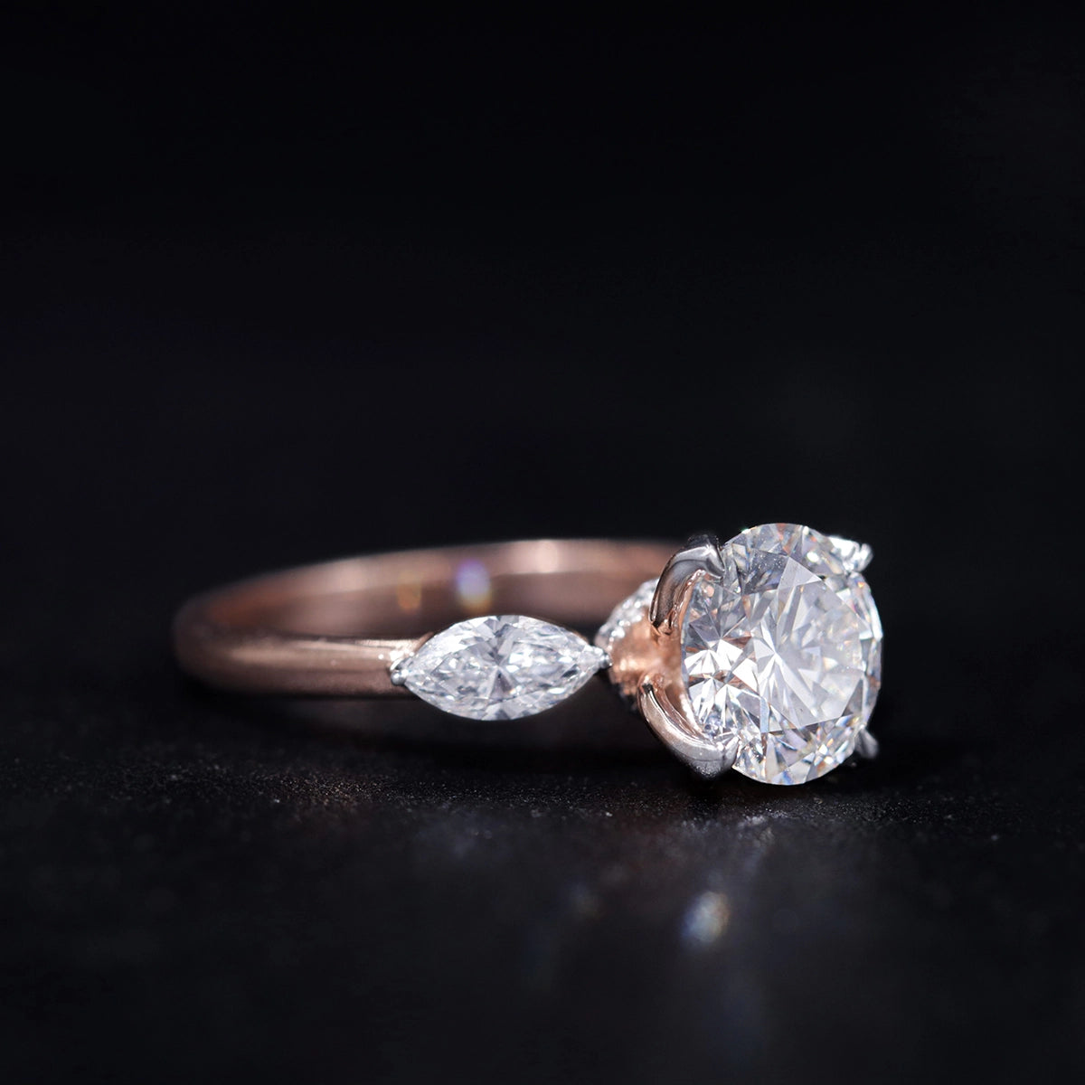 Round Floral Solitaire Ring With Side Marquise Stone | Earthly Jewels