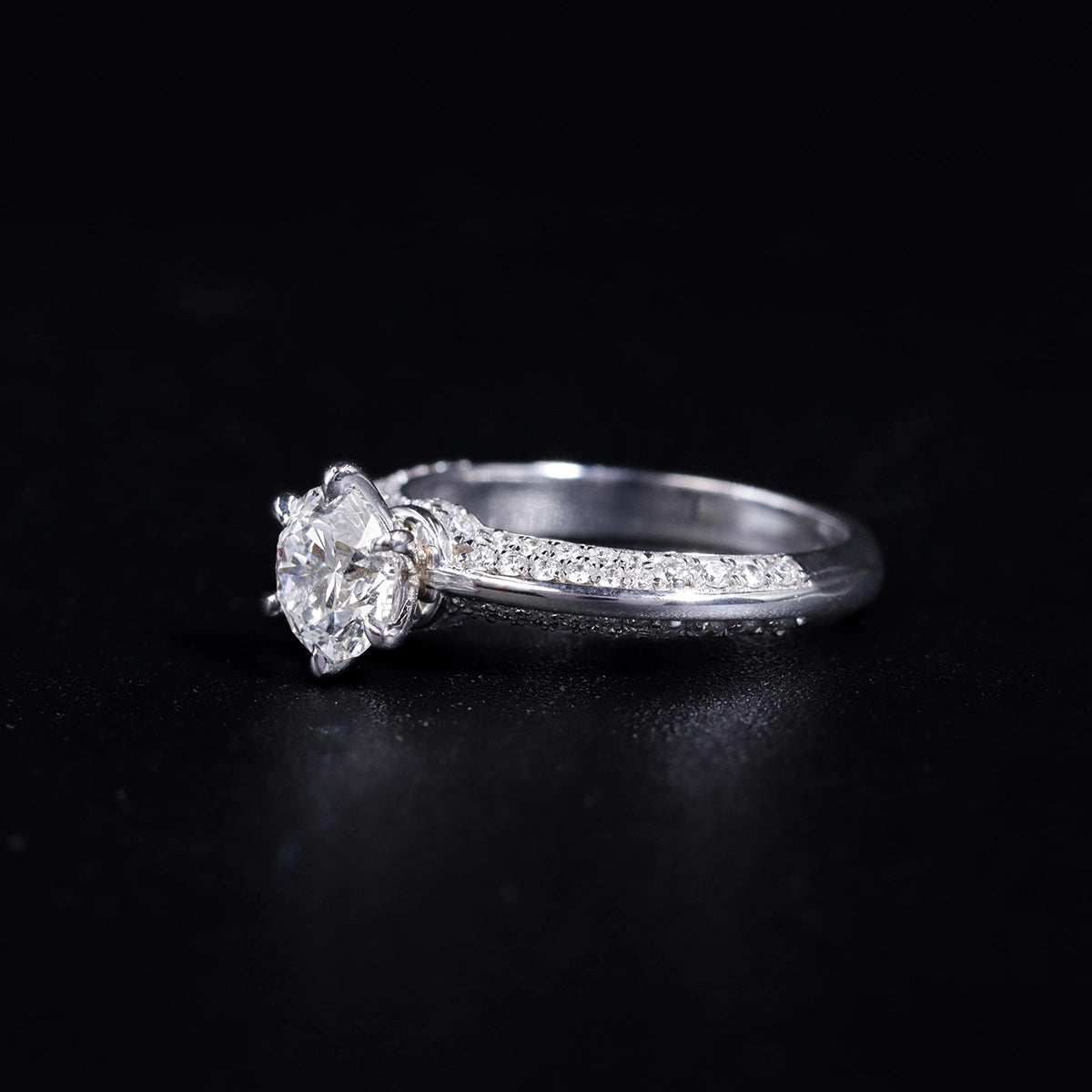 Round Solitaire Engagement Milgrain Pave Band | Earthly Jewels