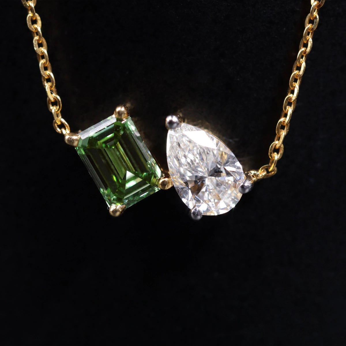 Pear And Green Emerald Diamond Toi Et Moi Pendant | Earthly Jewels