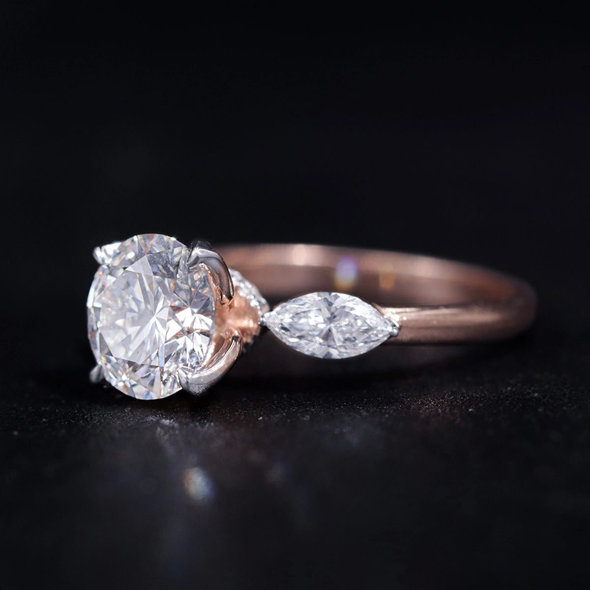 Round Floral Solitaire Ring With Side Marquise Stone | Earthly Jewels