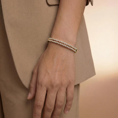 Double Row Diamond Tennis Bangle Bracelet | Earthly Jewels | Model Image