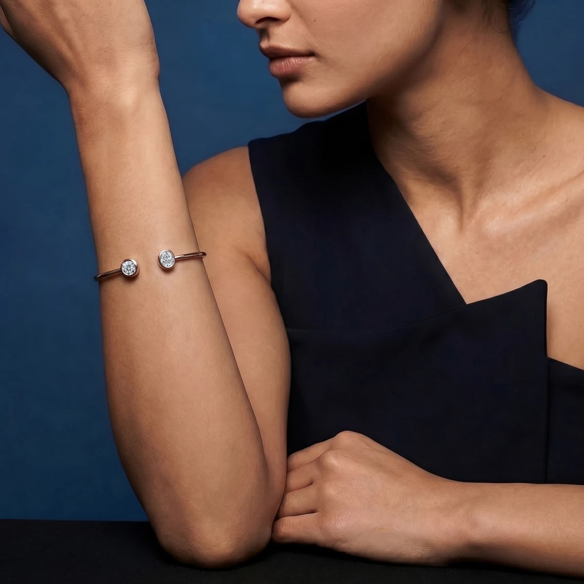 Oval and Round Diamond Open Cuff Bracelet | Earthly Jewels | Model Image