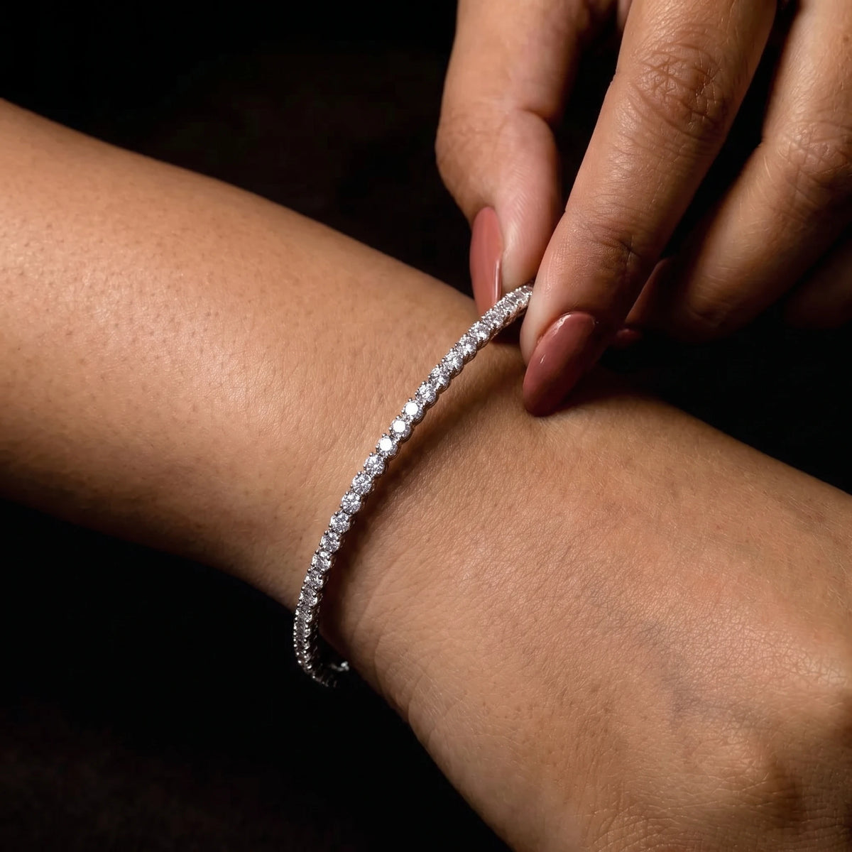 Round Cut Diamond Tennis Bracelet | Earthly Jewels | Model Image