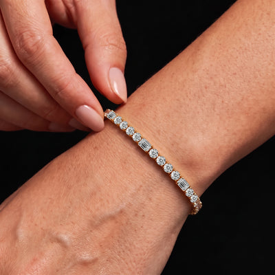 Round & Emerald Cut Diamond Tennis Bracelet | Earthly Jewels | Model Image