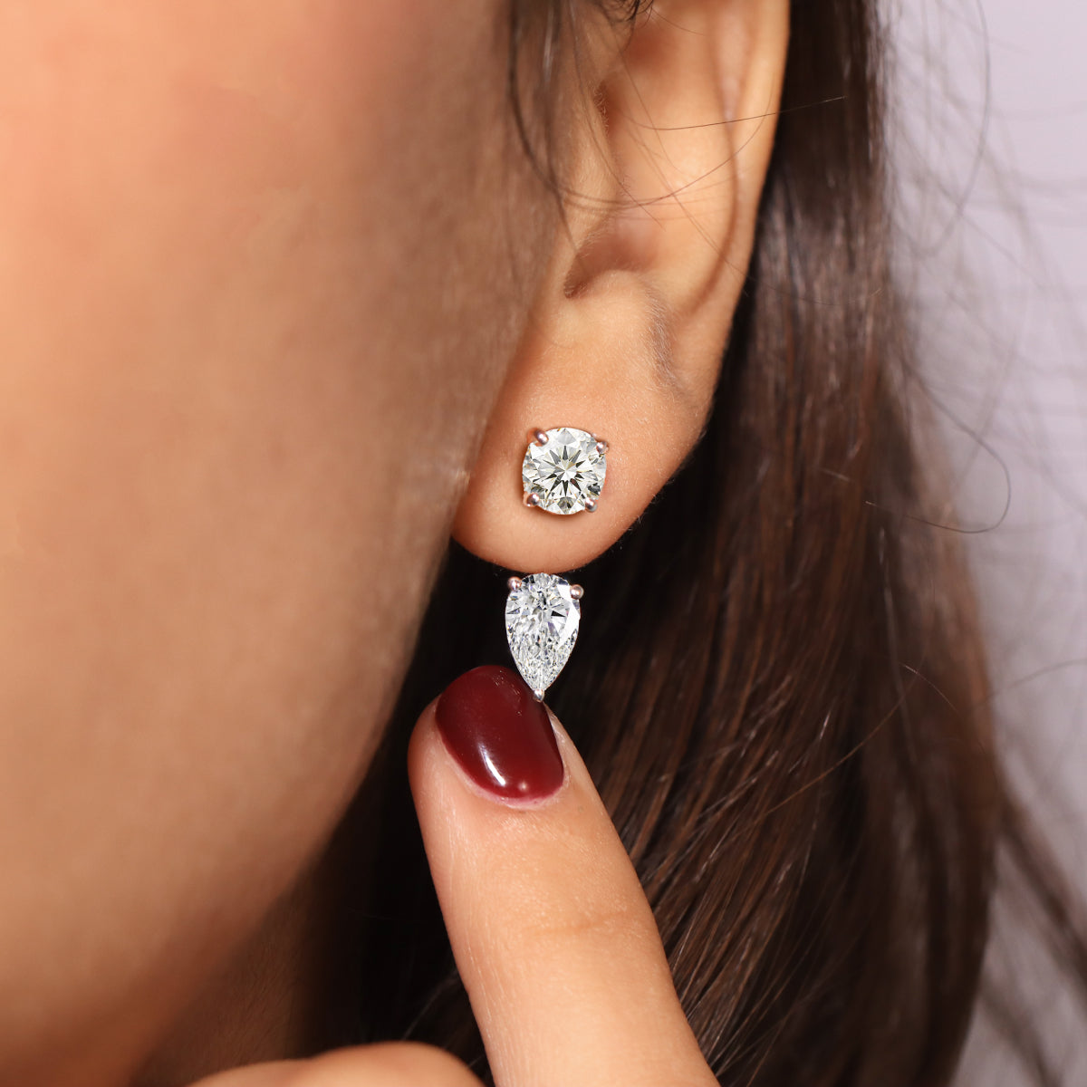 2 in 1 Round And Pear Solitaire Stud & Ear Jacket