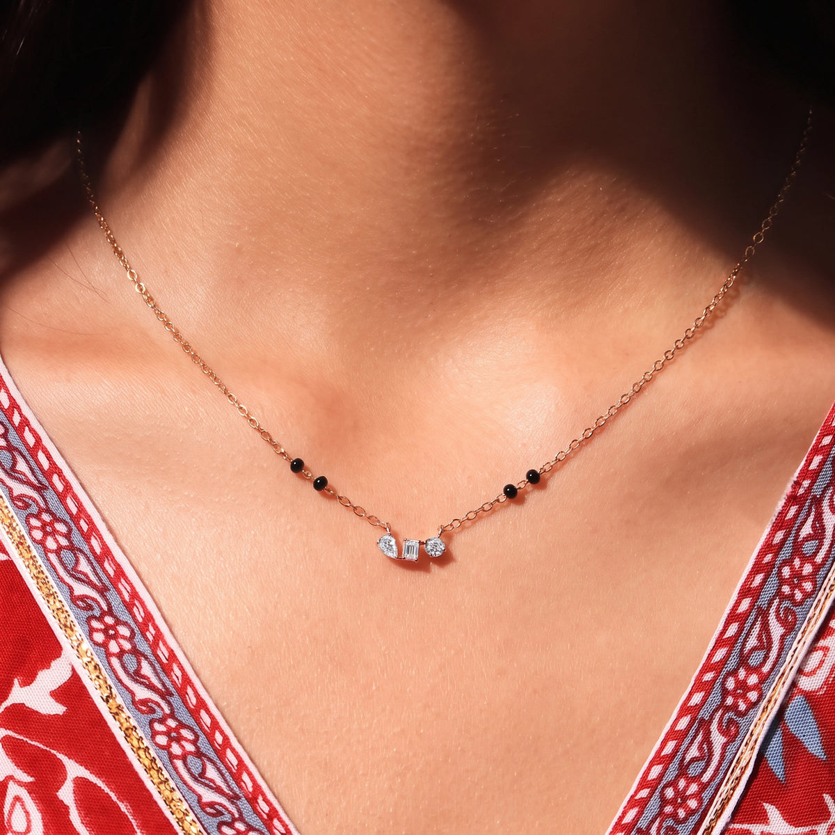 Three Mix Shape Diamond Pendant Mangalsutra  | Earthly Jewels  | Model Image