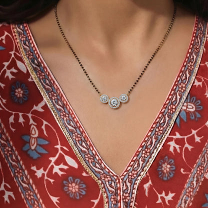 3 Stone Diamond Halo Mangalsutra | Earthly Jewels | Model Image