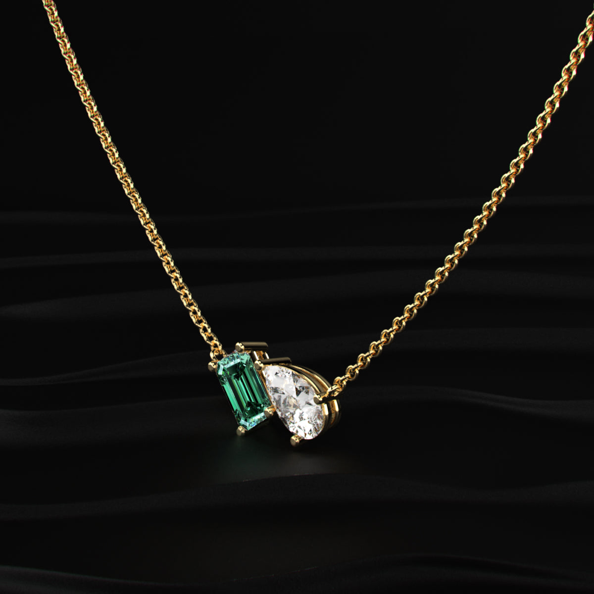 Pear And Green Emerald Diamond Toi Et Moi Necklace | Earthly Jewels