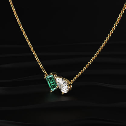 Pear And Green Emerald Diamond Toi Et Moi Necklace | Earthly Jewels