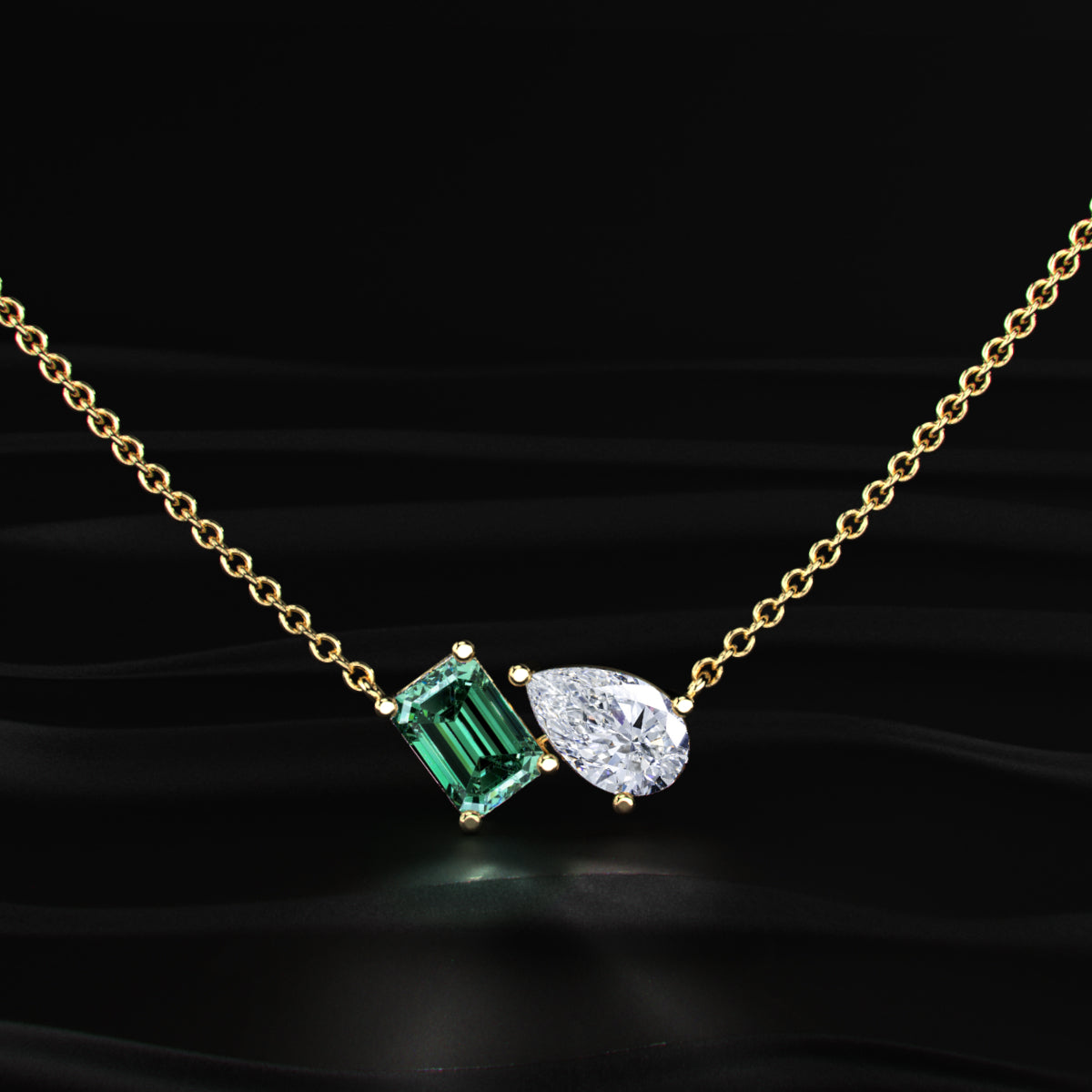 Pear And Green Emerald Diamond Toi Et Moi Necklace | Earthly Jewels
