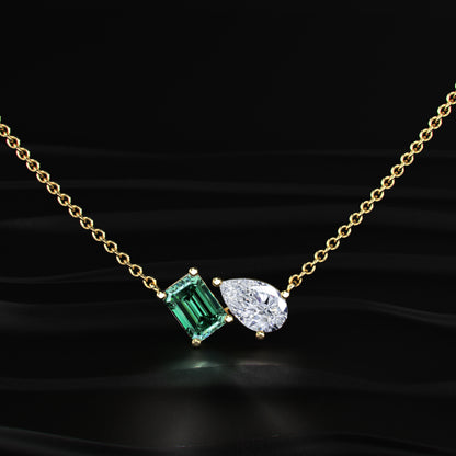 Pear And Green Emerald Diamond Toi Et Moi Necklace | Earthly Jewels