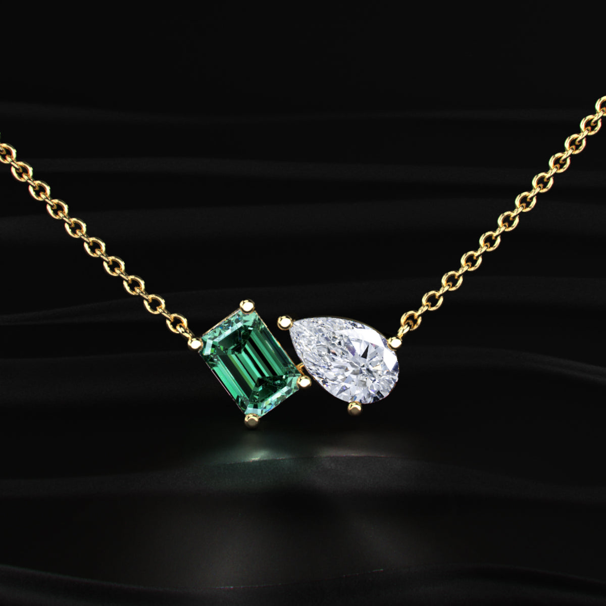 Pear And Green Emerald Diamond Toi Et Moi Necklace | Earthly Jewels