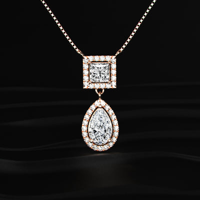 Princess and Pear Cut Diamond Halo Drop Necklace | Earthly jewels