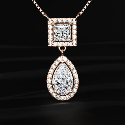Princess and Pear Cut Diamond Halo Drop Necklace | Earthly jewels