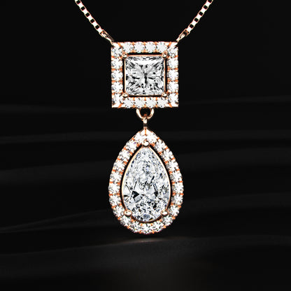 Princess and Pear Cut Diamond Halo Drop Necklace | Earthly jewels