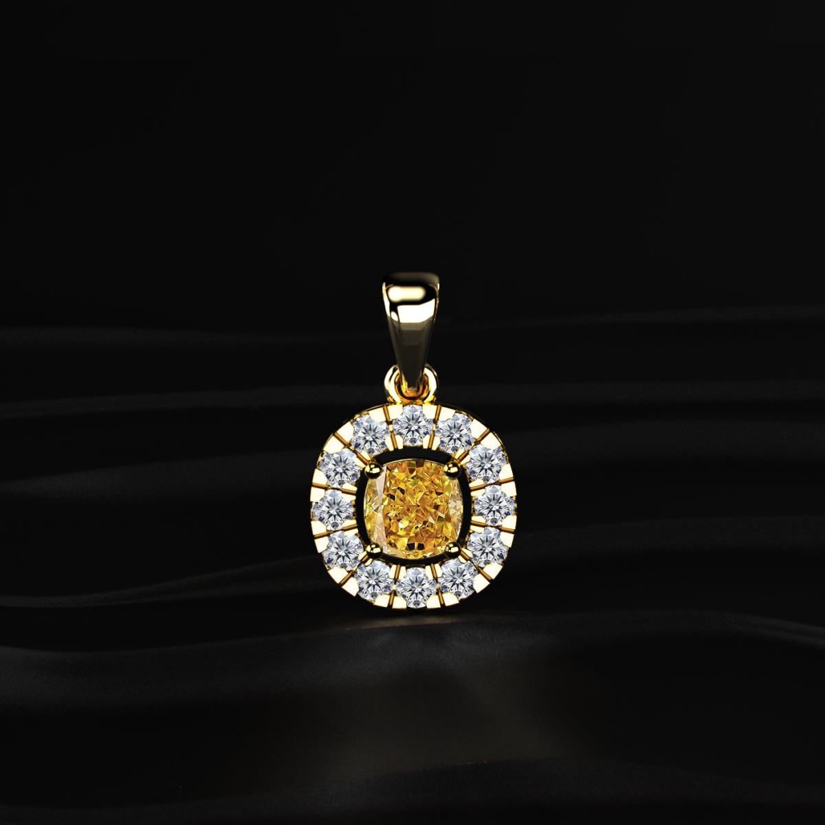 Yellow Cushion Diamond Pendant With Halo | Earthly Jewels