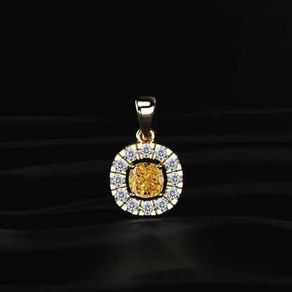 Yellow Cushion Diamond Pendant With Halo | Earthly Jewels
