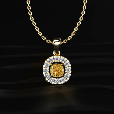 Yellow Cushion Diamond Pendant With Halo | Earthly Jewels
