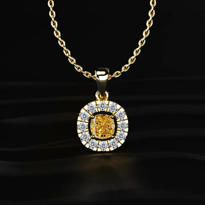 Yellow Cushion Diamond Pendant With Halo | Earthly Jewels